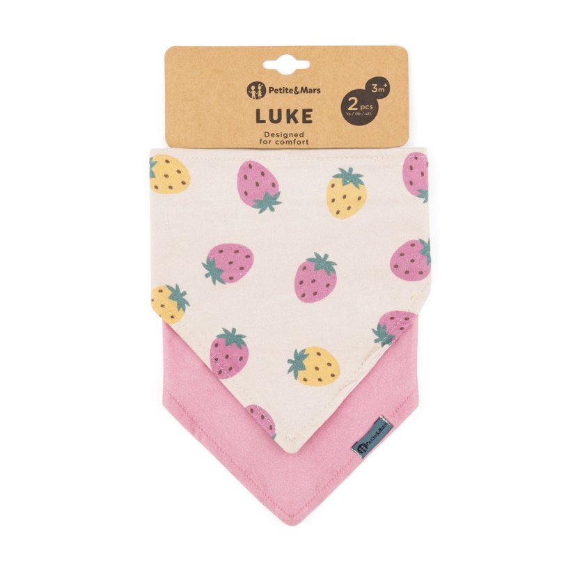 PETITE&MARS Bryndák bandana Luke 3m+ - Luke Bandana: Beige Strawberries & Dusty Rose