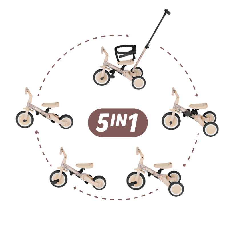 PETITE&MARS Multifunkční tříkolka 5v1 Turbo – limitovaná edice Pink Meadow