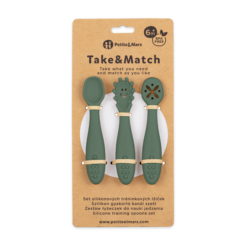 PETITE&MARS Set 3 ks silikonových tréninkových lžiček Take&Match 6m+ - Take&Match: Misty Green