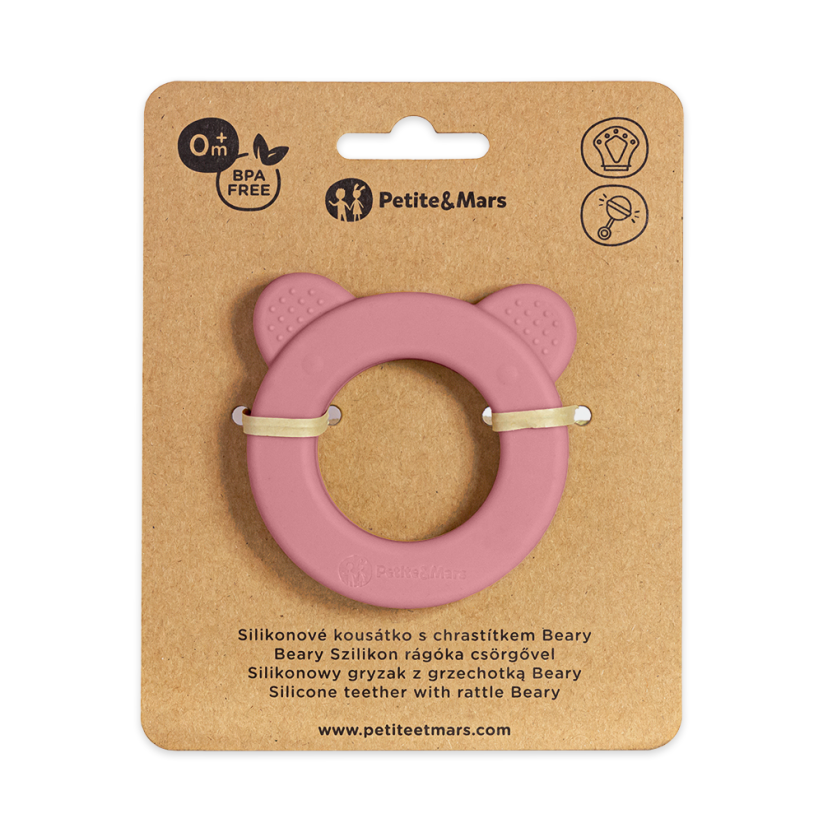 PETITE&MARS Silicone teether with rattle Beary 0m+ - Variants of  Beary: Dusty Rose