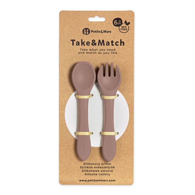 PETITE&MARS Příbor silikonový TAKE&MATCH 6m+ - Take&Match: Velvet Latte