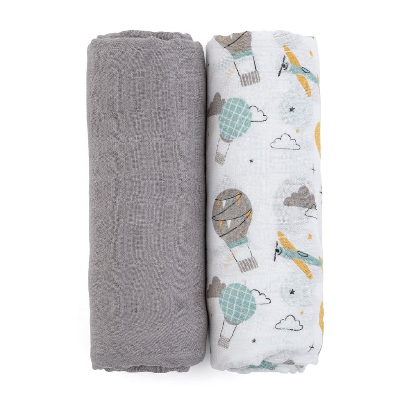 PETITE&MARS Zestaw otulaczy z muślinu bambusowego 2 szt. Misty 2w1, 120 x 120 cm - Warianty Misty: Grey Planes