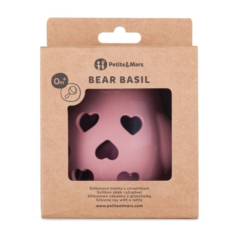 PETITE&MARS Hračka silikónová s hrkálkou Bear Basil Misty 0m+