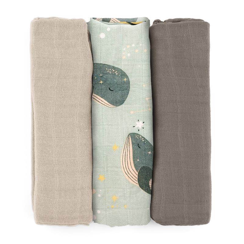 PETITE&MARS Sada plienok bambusová mušelínová 3ks Moussy - Varianty Moussy: Whale Song