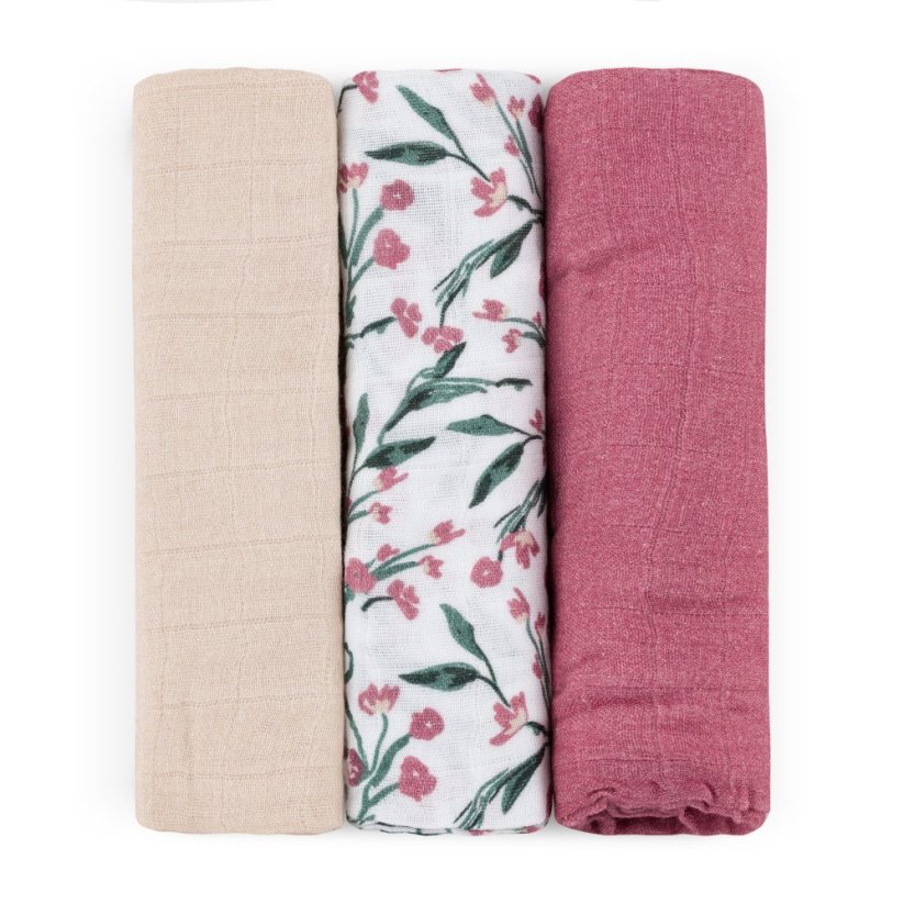 PETITE&MARS Bamboo muslin set of 3 diapers Moussy 68 x 68 cm - Variants of Moussy: Pink Meadow