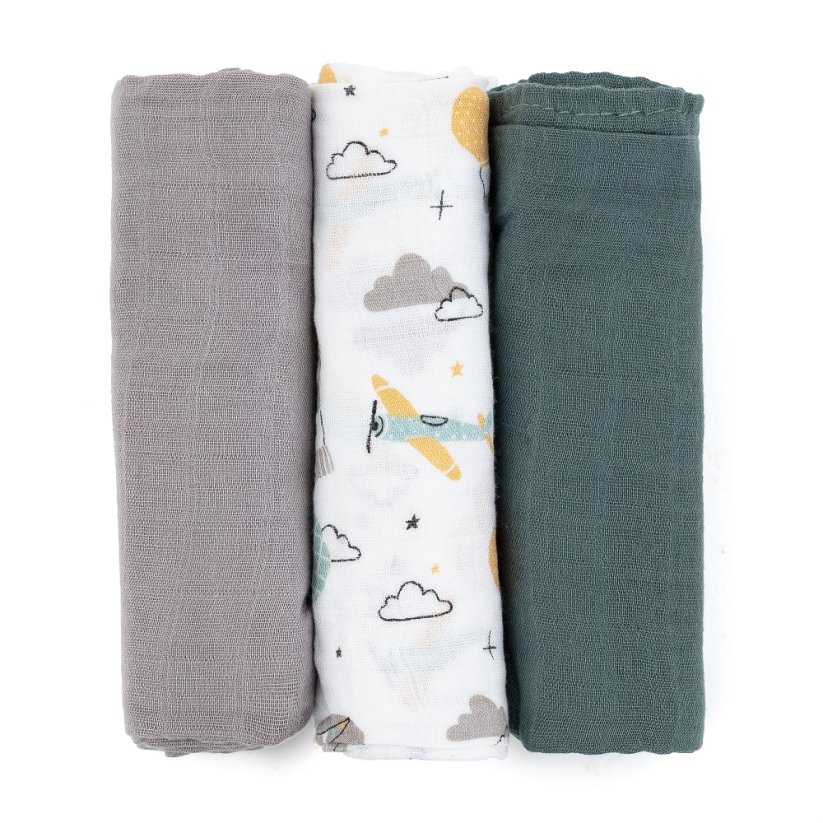 PETITE&MARS Bamboo muslin set of 3 diapers Moussy 68 x 68 cm - Variants of Moussy: Grey Planes