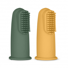 PETITE&MARS Sada silikonových zubních kartáčků na prst Ochre&Green 2 ks 0m+