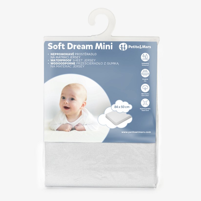 PETITE&MARS Napínací prostěradlo nepromokavé do malé postýlky Soft Dream Mini 84 x 50 White