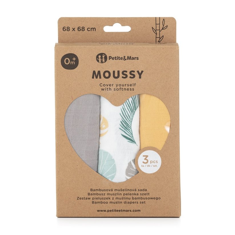 PETITE&MARS Bamboo muslin set of 3 diapers Moussy 68 x 68 cm - Variants of Moussy: Rose Rainbows