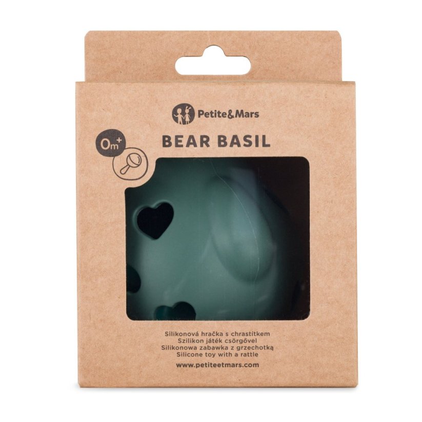 PETITE&MARS Hračka silikonová s chrastítkem Bear Basil 0m+ - Take&Match: Misty Green