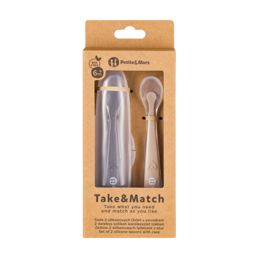 PETITE&MARS Zestaw 2 silikonowych łyżeczek z etui TAKE&MATCH 6m+ - Varianty Silikonové lžičky: Sand - Cocoa