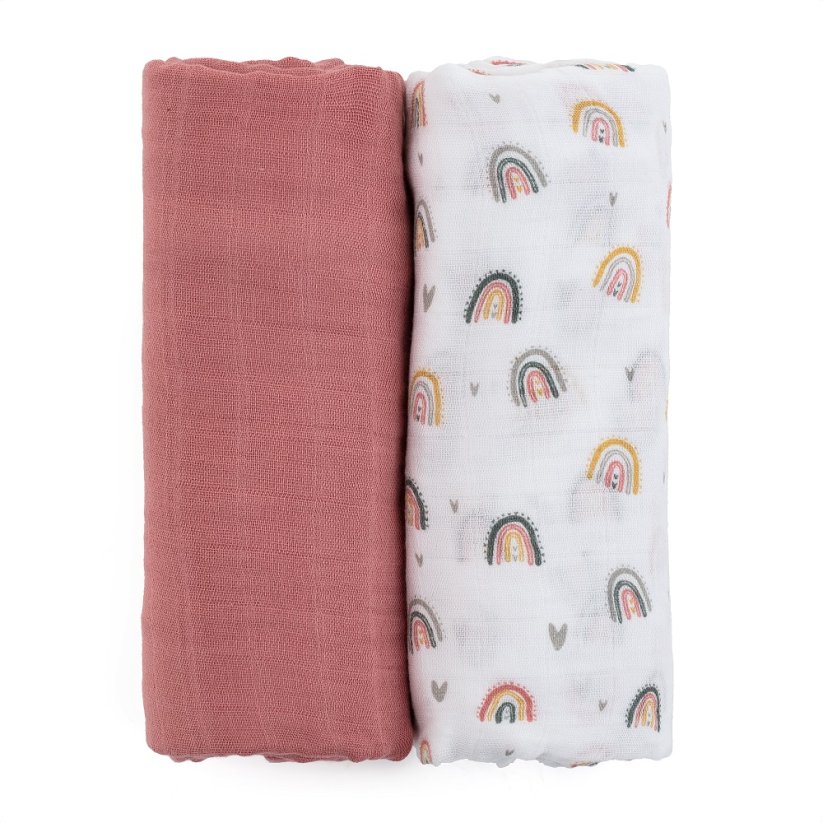 PETITE&MARS Zestaw otulaczy z muślinu bambusowego 2 szt. Misty 2w1, 120 x 120 cm - Warianty Misty: Rose Rainbow