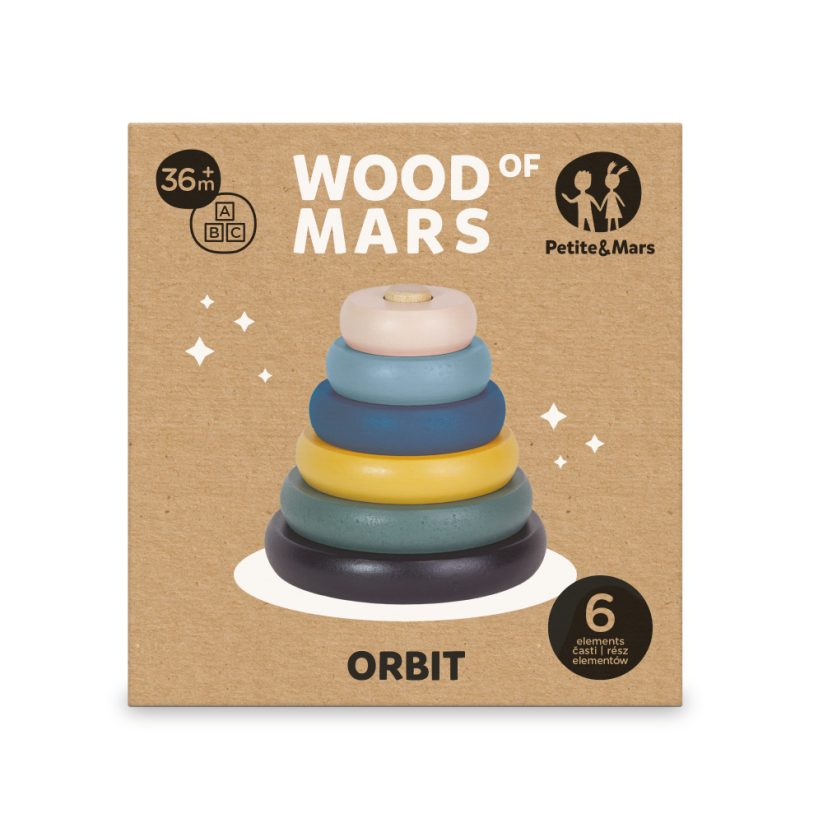PETITE&MARS Hračka drevená skladacia Orbit Wood of Mars 36m+ Cosmic Blue