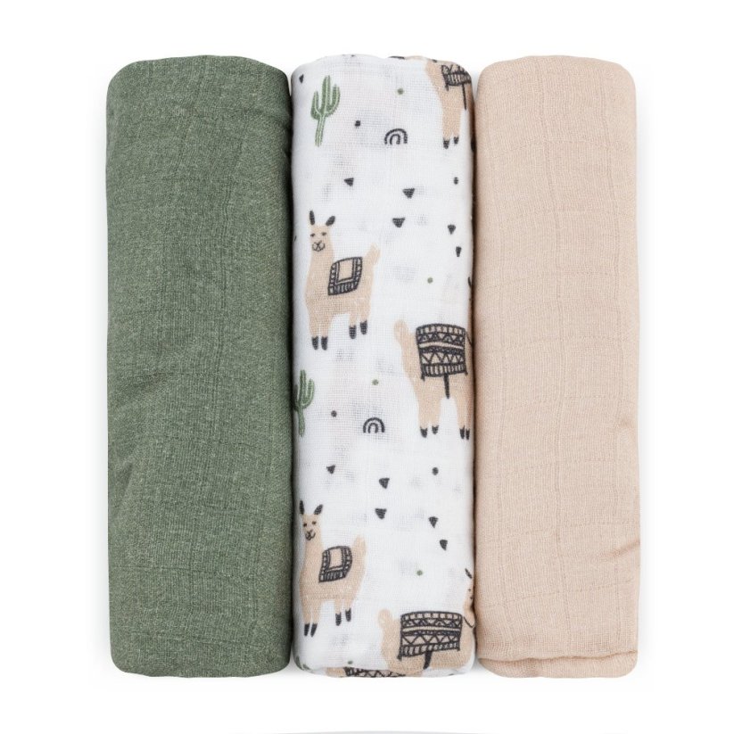 PETITE&MARS Bamboo muslin set of 3 diapers Moussy 68 x 68 cm - Variants of Moussy: Llama Vibes