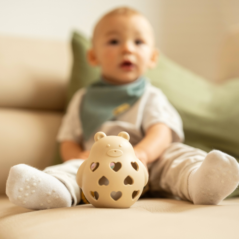 PETITE&MARS Silicone rattle toy Bear Basil 0m+ - Take&Match: Misty Green