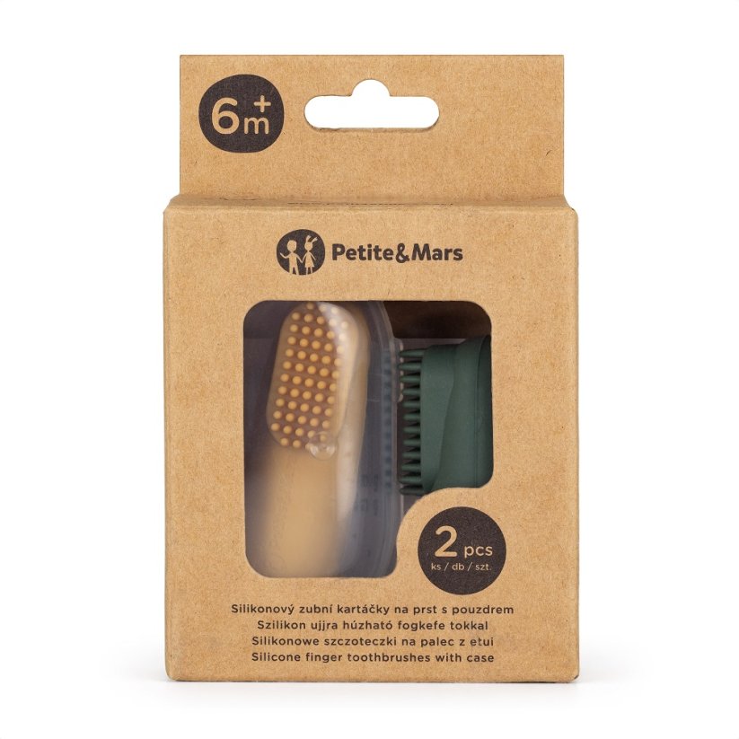 PETITE&MARS Sada silikónových zubných kefiek na prst Ochre&Green 2 ks 6m+