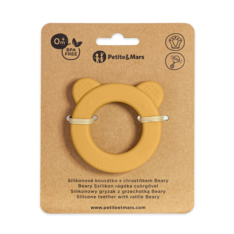 PETITE&MARS Silikonowy gryzak z grzechotką Beary 0m+ - Warianty Beary: Intense Ochre